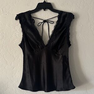 ASOS Black Satin & Lace Tie-Back Top – US 6, Deep V-Neck, Sleeveless